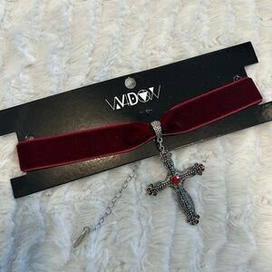 Brand New Widow x DK ox blood velvet gemstone cross chocker one size red/silver